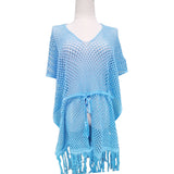 Women Knit Beach Cover Blouse V-neck Tassel Split Hollow out Bikini Swimsuit Sun Protection Shirt