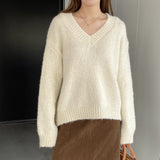 Women Winter Knitted Sweater V-neck Thick Sweater Autumn and Winter Loose-Fitting Long Sleeve Sweater H0001