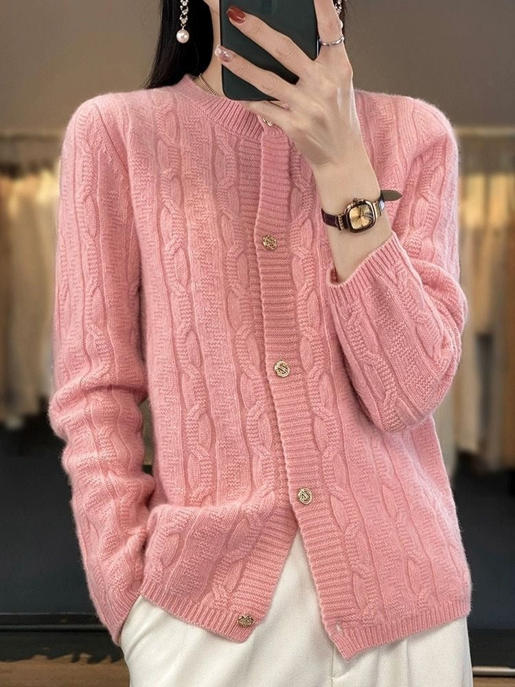 Women Knitted Cardigan Autumn Winter Retro Loose round Neck Sweater Coat
