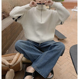 Women Knitted Pullover Loose Sweater Zipper and Lapel Autumn and Winter Knit Casual Top