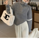 Women Knitted Pullover Loose Sweater Zipper and Lapel Autumn and Winter Knit Casual Top