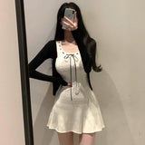 Women Dresses U-Neck Creamy-white Knitted Dress Skirt