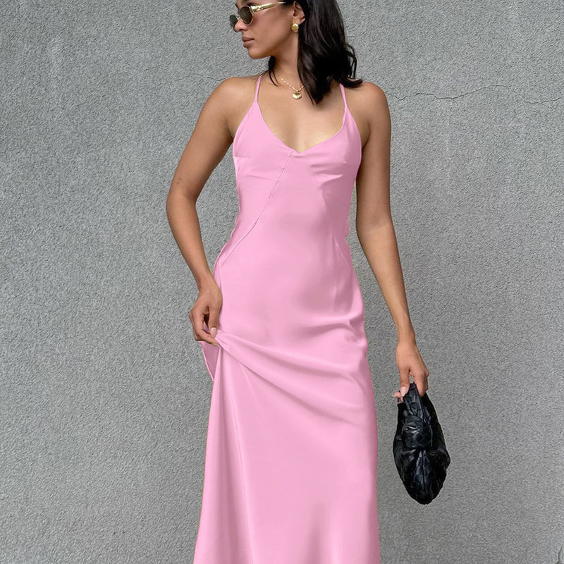 Corset Dress Pink Matte Satin Sexy Suspenders Backless Dress
