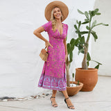 Women Date Dress Floral Dress Short Sleeve V-neck Bohemian A- line Skirt