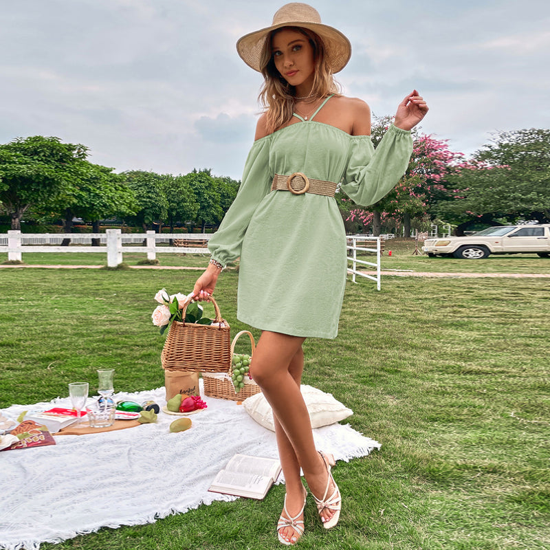Women Dress Spring/Summer Loose Casual Short Skirt off-Shoulder Braces Long Sleeve Dress