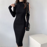 Women Maxi Dress Spring and Autumn Turtleneck Knitting Hip Skirt