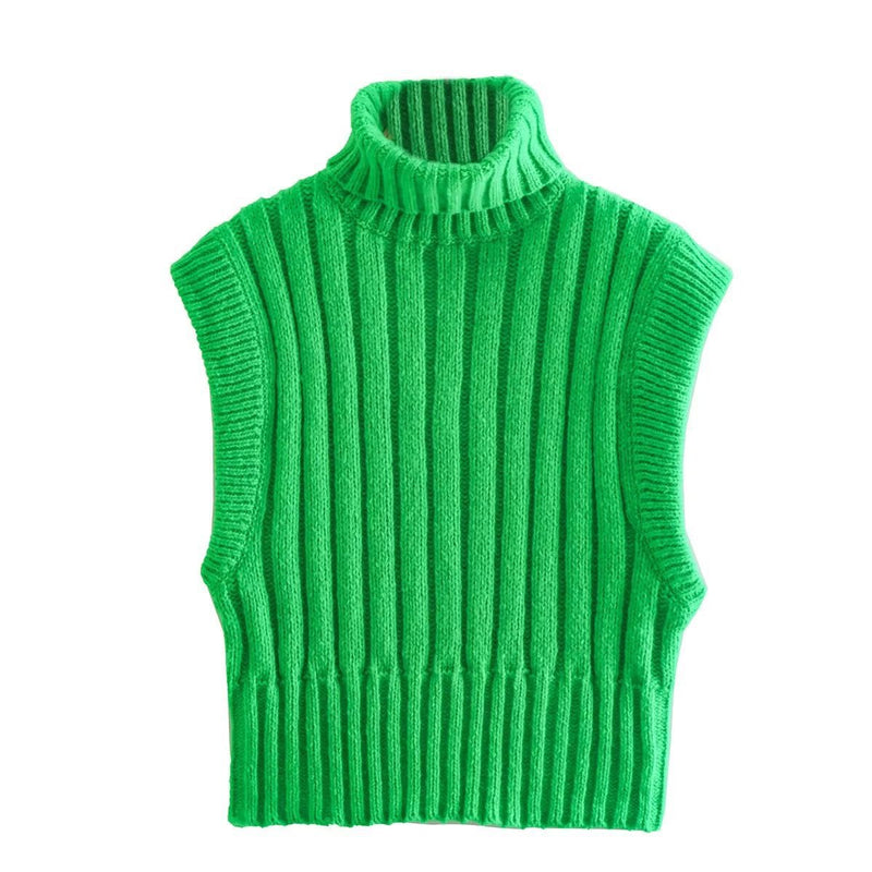 Women Sweater Knitwear Autumn Turtleneck Slim Fit Short Sleeveless Threaded Vest