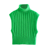 Women Sweater Knitwear Autumn Turtleneck Slim Fit Short Sleeveless Threaded Vest