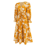 Women Date Dress Autumn and Winter Leisure Floral Print Long Sleeve Lace up Casual Dress Maxi Dress