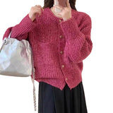 Women Knitted Cardigan Autumn and Winter Loose round Neck Single Breasted Thick Coat