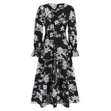 Women Date Dress Autumn and Winter Leisure Floral Print Long Sleeve Lace up Casual Dress Maxi Dress