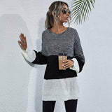 Women Knitted Sweater round Neck Long Sleeve Contrast Color Knitted Sweater Female Autumn
