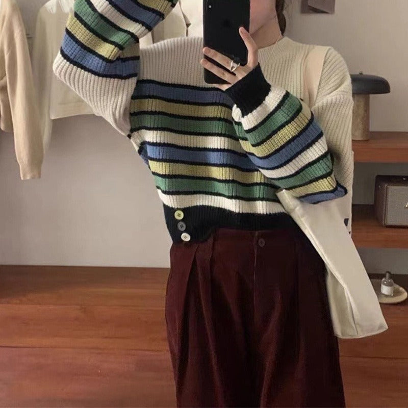 Women Knitwear Spring and Autumn Stripes round Neck Sweater Loose Cropped Sweater