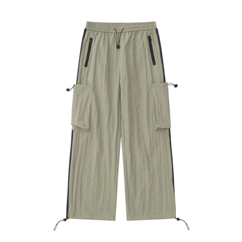 Men Sweatpants Workwear with Pocket Casual Trousers Men's Side Webbing Sports Loose Wide Leg Drawstring Jogger Pants