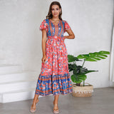 Women Date Dress Summer V-neck Ruffle Vintage Floral Beach Dress