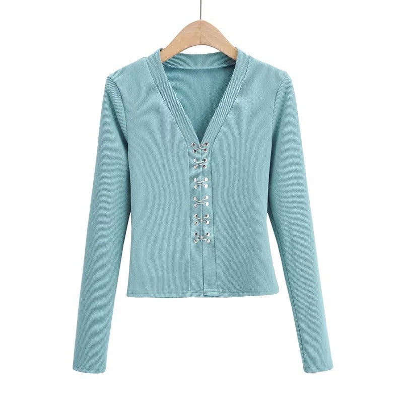 Women Sweater Knit Wear Spring V-neck Hook Breasted Cardigan Sweater