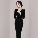Women Maxi Dress Autumn and Winter V-neck Black Dress Sheath Pleuche Dress
