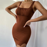 Women Dress Spring and Summer Sexy Slit Slim-Fitting Spaghetti Straps Knitted Dress Hip Skirt