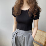 Women Knitted T-shirt Autumn Knitted Short Sleeve Retro Slim T-shirt