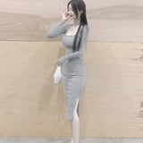 Women Dresses Square Collar Long Sleeve Dress Split Sexy Hip Skirt