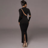 Women Dresses Winter Sexy Cutout Back Slit Long Sleeve Dress