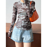 Women T Shirt Tie-Dyed Bottoming Shirt Slim-Fit Short Long Sleeve Mesh Sunscreen Top