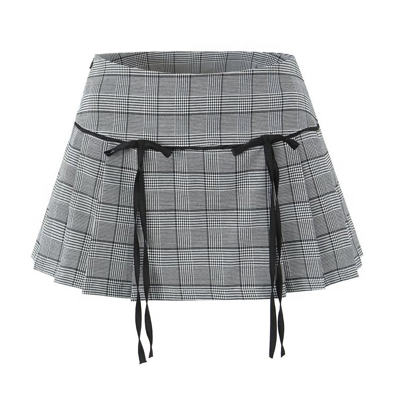 Women Skirt Summer Bow Plaid Pleated Skirt