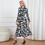 Women Date Dress Floral Dress Autumn and Winter V-neck A- line Skirt