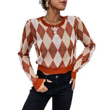Women Knitted Sweater Autumn and Winter Long Sleeve Short Rhombus Sweater