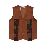 Men Vest Corduroy Vest Loose Color Matching V-neck Patchwork Cardigan