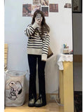 Women Knitted Pullover Striped Turtleneck Zipper Sweater Women's Fall and Winter Lapels Knitwear Top