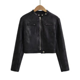 Women Leather Jacket Retro Short Slim-Fitting Biker Jacket Autumn Leather Coat Suede Jacket