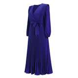 Women Date Dress Autumn and Winter V-neck Long Sleeve Pleated Dress
