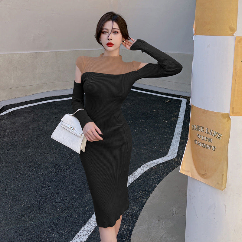 Women Maxi Dress Autumn and Winter Knitting Split Stand Collar Sexy Dress