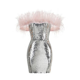 Women Dresses Sexy off-the-Shoulder Feather Dress Hip Skirt Dress (Zns0409)