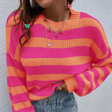 Women Knitted Sweater Striped Sweater round Neck Pullover Loose Casual Sweater