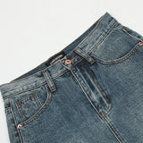Women Long Skirt Front Slit Denim Skirt Loose Washed-out Midi Skirt