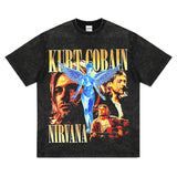 Mens Vintage Rock Band T-Shirt NIRVANA Band Kurt Cobain Print Short Sleeve T-Shirt Loose VINTAGE Wash