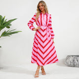 Women Date Dress Autumn and Winter Striped Printed Buttons Cinched Blouse Dress