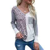 Women Knitted Sweater Loose V-neck Patchwork Leopard Print Sweater Top