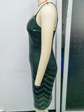 Women Evening Gown Sexy Sling Retro Patchwork Green Sequins Dress