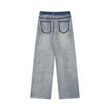 Men Jeans Washed Patchwork Jeans Retro Wide Leg Denim Trousers