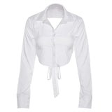 Women T-shirt Autumn Backless Hollow Cardigan Long Sleeve with Lapel T-shirt