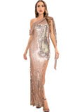 Women's Evening Gown Sexy Backless One-Shoulder Ribbon Sequins Dress Evening Dress
