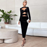 Women Dress Long Sleeve Narrow Black Dress Velvet Dress