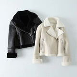 Women Leather Jacket Lapel Fur Integrated PU Leather Coat Autumn and Winter Fleece-Lined Leather Jacket Motorcycle Jacket