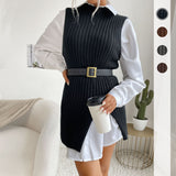 Women Knitted Sweater Autumn Split Solid Color Mid-Length Vest Sweater