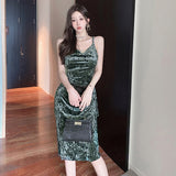 Women Maxi Dress Autumn Sexy Polka Dot Gold Velvet Long Sheath Dress