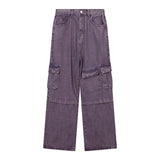 Women Pants Multi-Pocket Workwear Jeans Purple Loose Straight-Leg Wide-Leg Pants