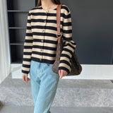 Women Cardigan Sweater Striped Sweater Cardigan Autumn round Neck Long Sleeve Top Women 8t7282